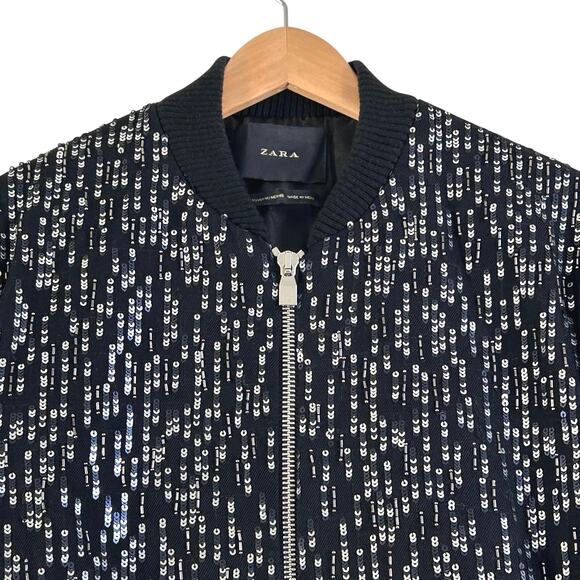 Zara Sequin Bomber Jacket Full Zip Black Denim - Picture 6 of 16